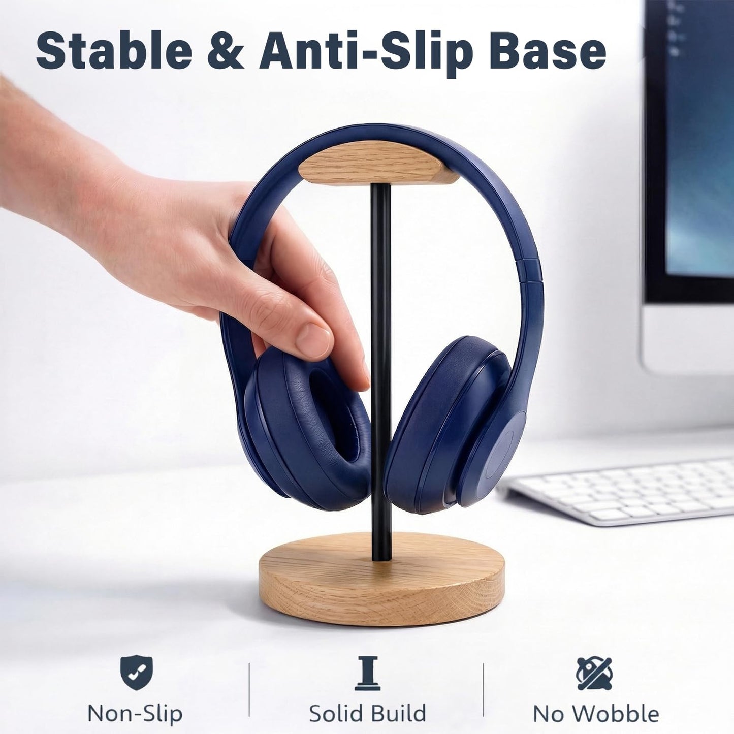 MTKITDER Wood & Metal Headphone Stand, Desktop Headset Holder with Stable Non-Slip Bamboo Base, Universal Headphone Hanger for Gaming Headsets, Office Desk, Home, Gift