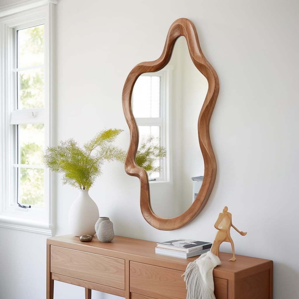 sawsile Irregular Wall Mirror,21""x 32""Asymmetrical Mirror Wood,Wooden Framed Wall Mirror,Modern Large Vanity Bathroom Mirror,Walnut Wavy Mirror for Entryway,Bedroom,Living Room,Washroom, Brown a