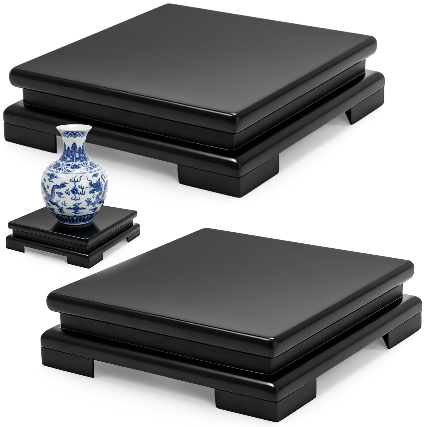 Goaste 2 Pack Square Wooden Display Stand, 6.7" Black Wood Vase Display Base, Minimalist Style Pedestal Stand with Risers for Vases, Teapot, Trophy, Collectibles, Aquarium Lamp, Home Decoration