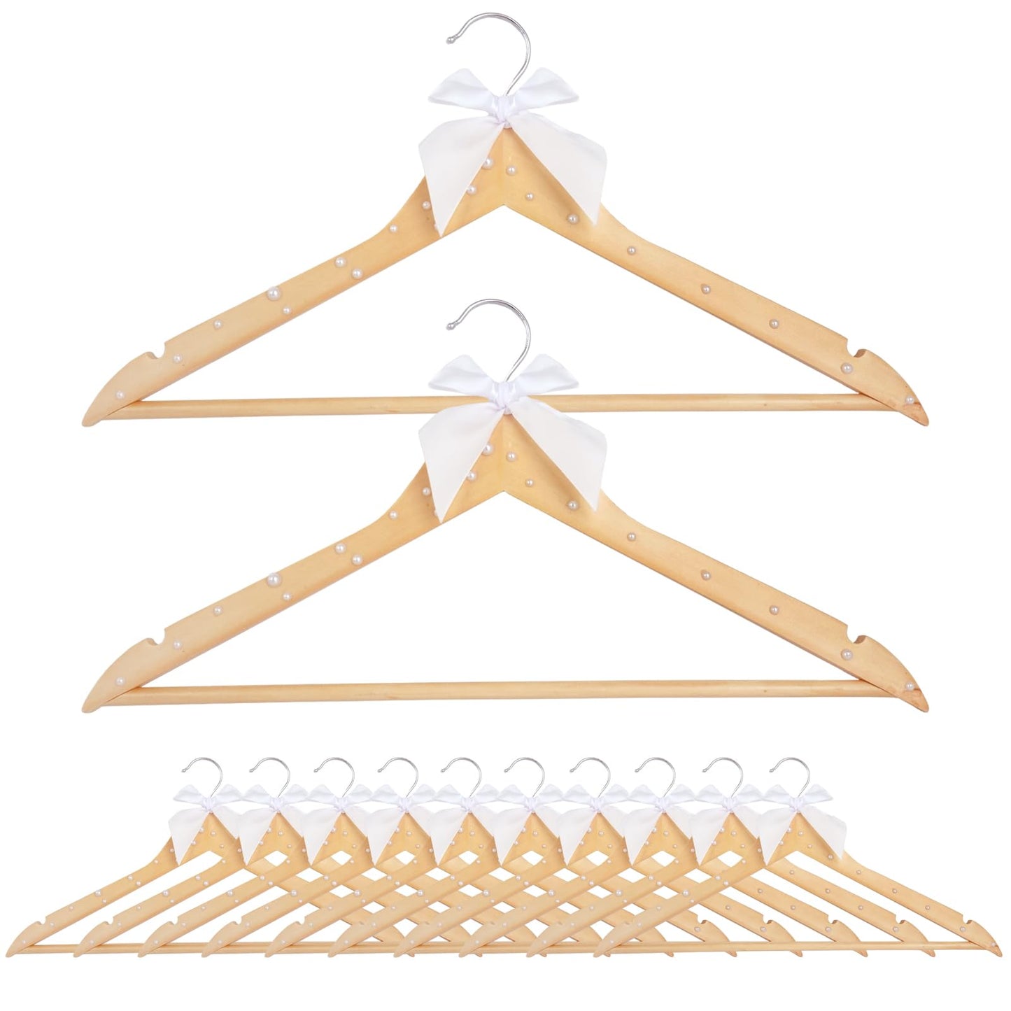 PEDOBALI 12 Pcs Bridesmaid Hangers Wooden Dress Wood Color Elegant Ribbon Pearl Hanger for Bride Groom Bridal Shower Wedding Photo Keepsake Tuxedo Party Gift
