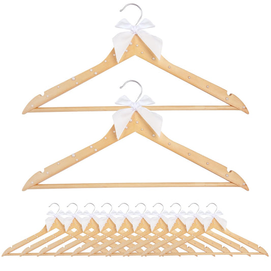 PEDOBALI 12 Pcs Bridesmaid Hangers Wooden Dress Wood Color Elegant Ribbon Pearl Hanger for Bride Groom Bridal Shower Wedding Photo Keepsake Tuxedo Party Gift
