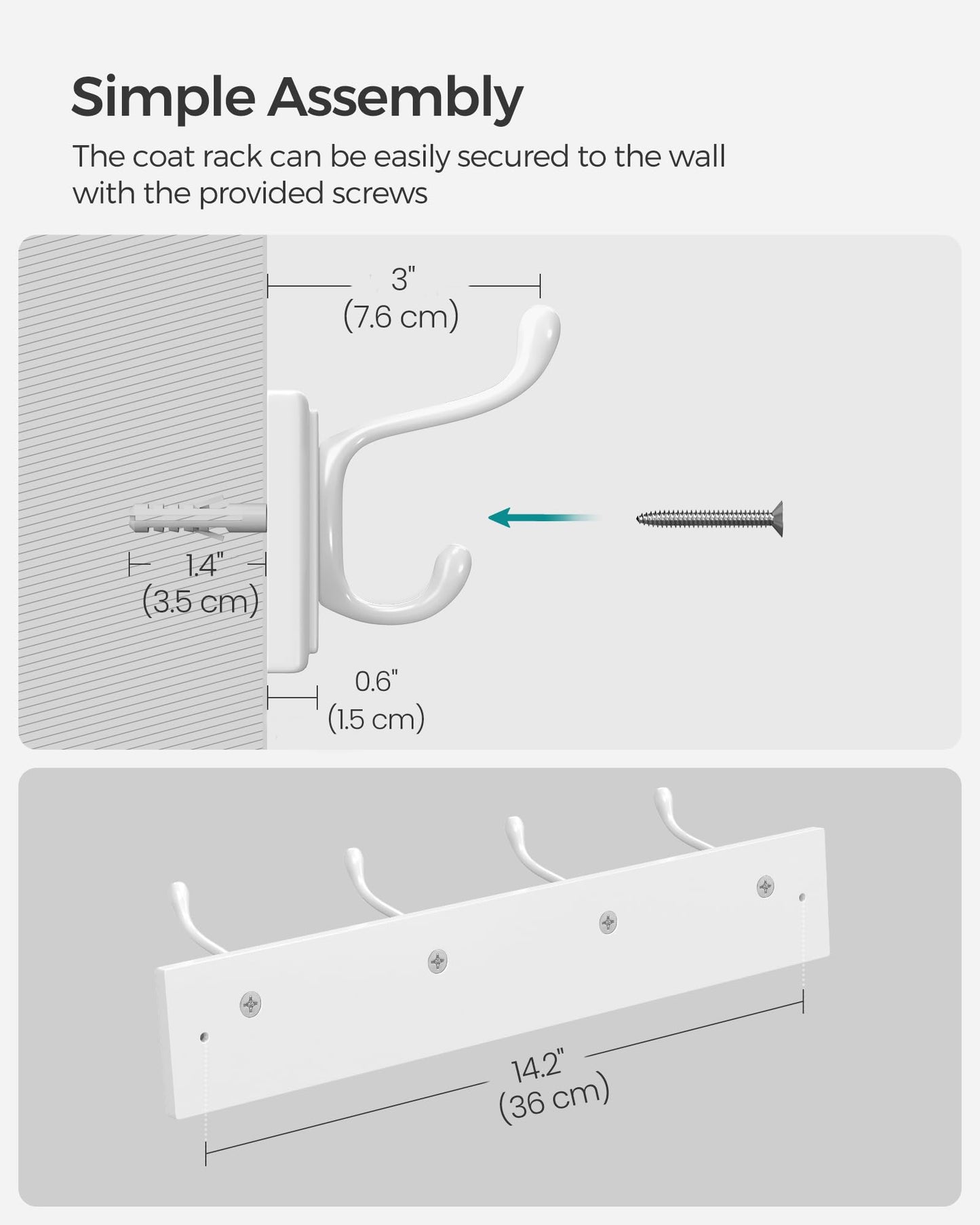 SONGMICS Wall-Mounted Coat Rack, Hook Rack, 4 Dual Metal Hooks, for Coats, Bags, Keys, in the Entryway, Bedroom, Living Room, White ULHR23WT