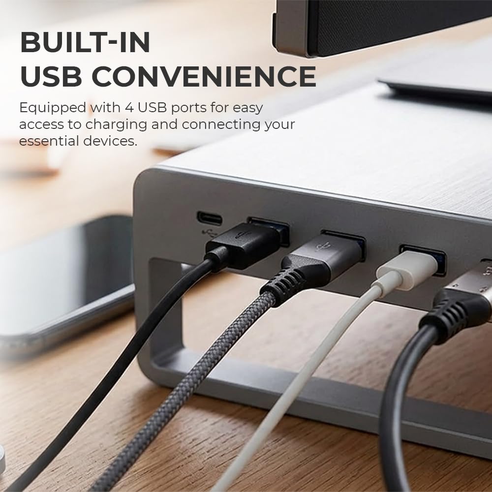 OTM Essentials Aluminum Monitor Stand with 4 USB Ports, Non-Slip Padding & Tilted Surface, Slim Computer Monitor Riser for Laptop, PC & Gaming Desk Organizer, Silver Finish for Home & Office Setup