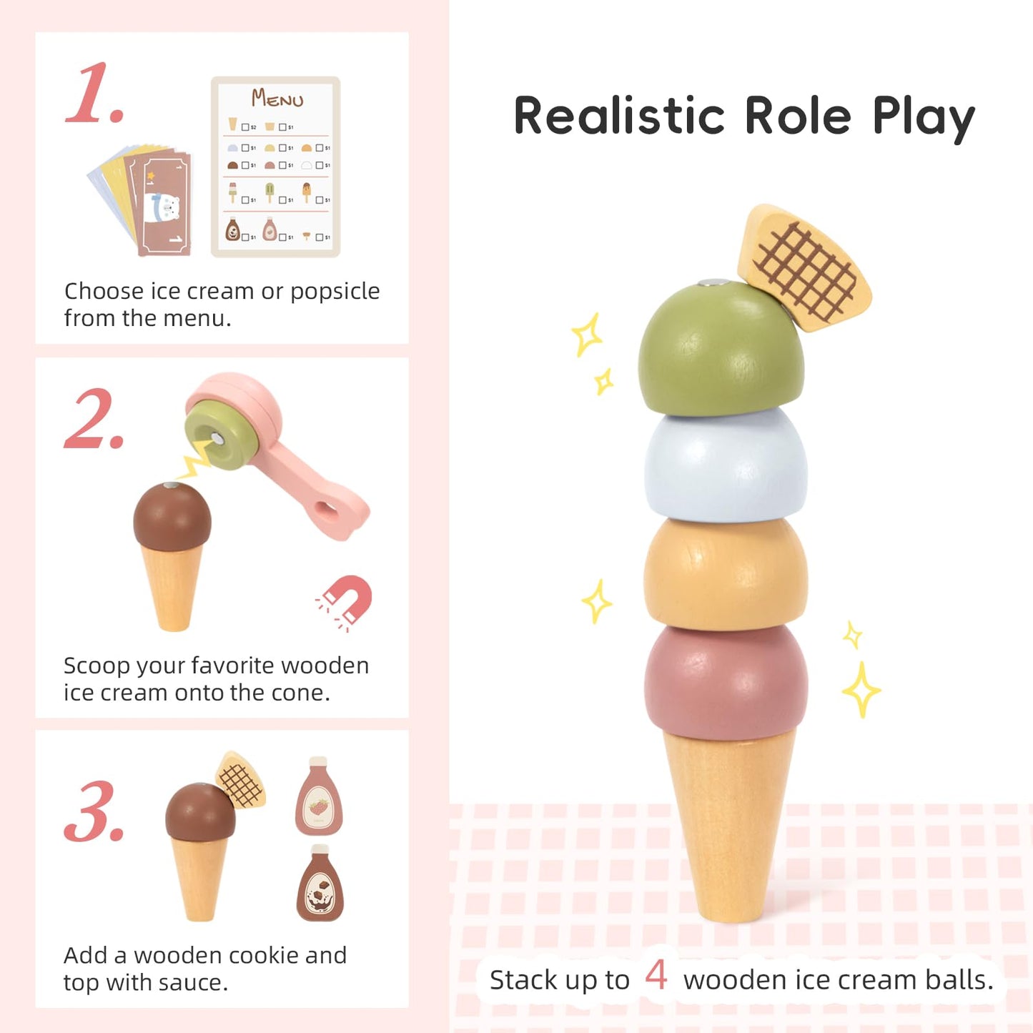 OOOK Wooden Ice Cream Cart for Kids, Ice Cream Truck Toy with Scooper & Wheels, Play Kitchen Accessories for Pretend Play with Menu & Pretend Money, Imaginative Preschool Toys for Girls & Boys 3+