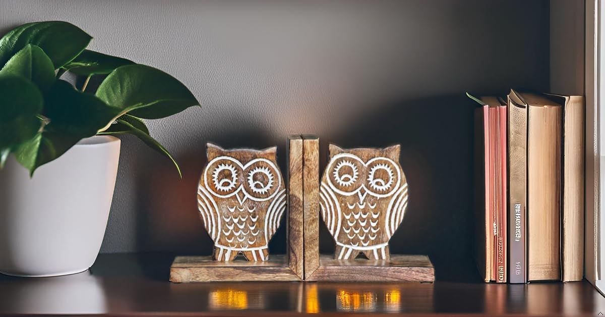 eTroves Wood Bookends for Shelves. Decorative Wooden Owl Bookend for Heavy Books, White Wood, 6 Inch