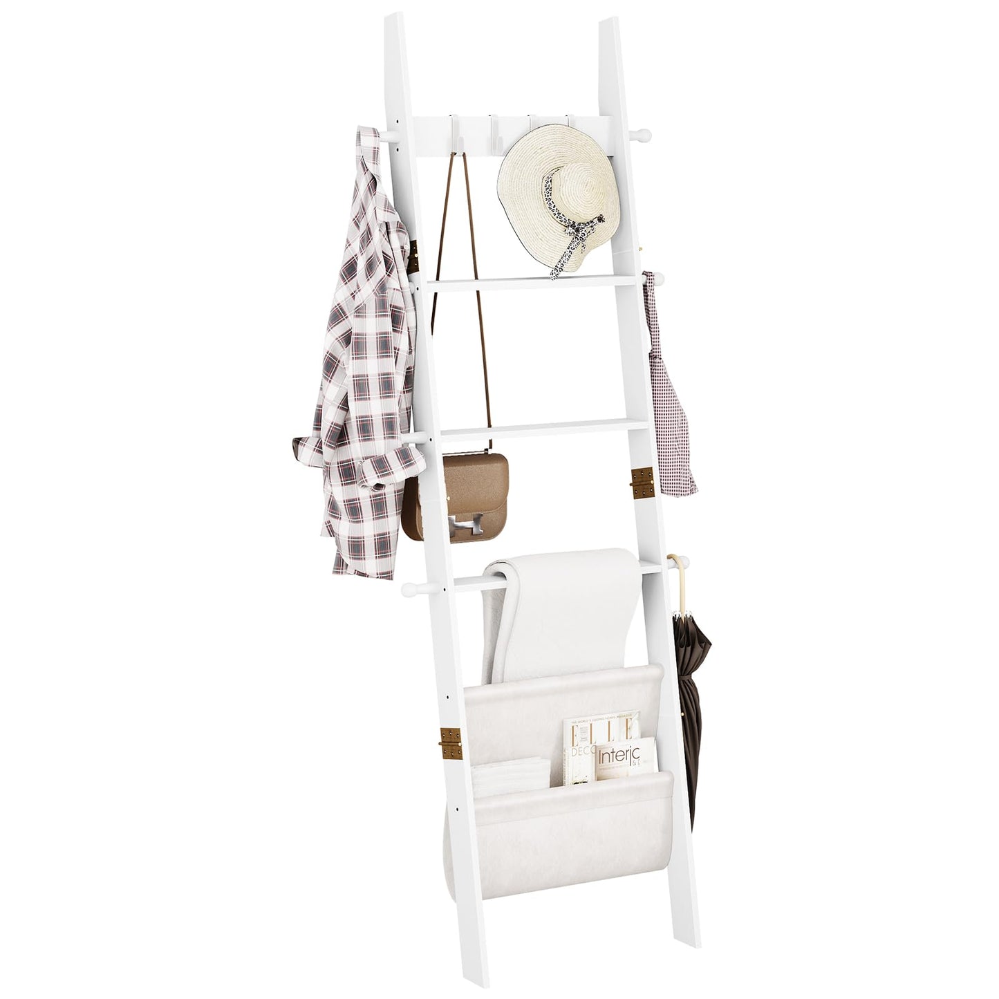 ELYKEN Blanket Ladder for Living Room, 5-Tier Wooden Towel Rack with Synthetic Leather Pocket, 4 Removable Hooks, Decorative Leaning Ladder Shelf for Bedroom, White