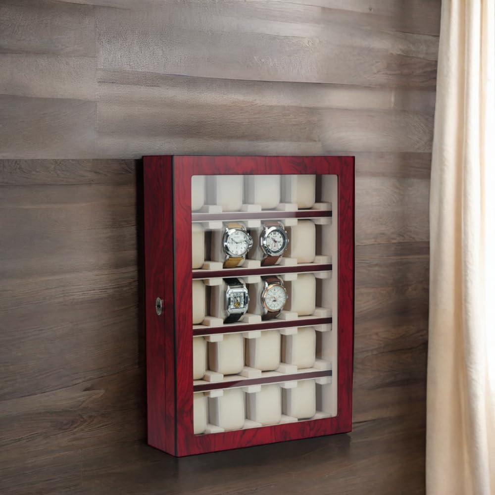 TIMELYBUYS 20 Piece Cherry Wood Watch Display Wall Hanging Case and Storage Organizer Box and Stand for Oversized Watches