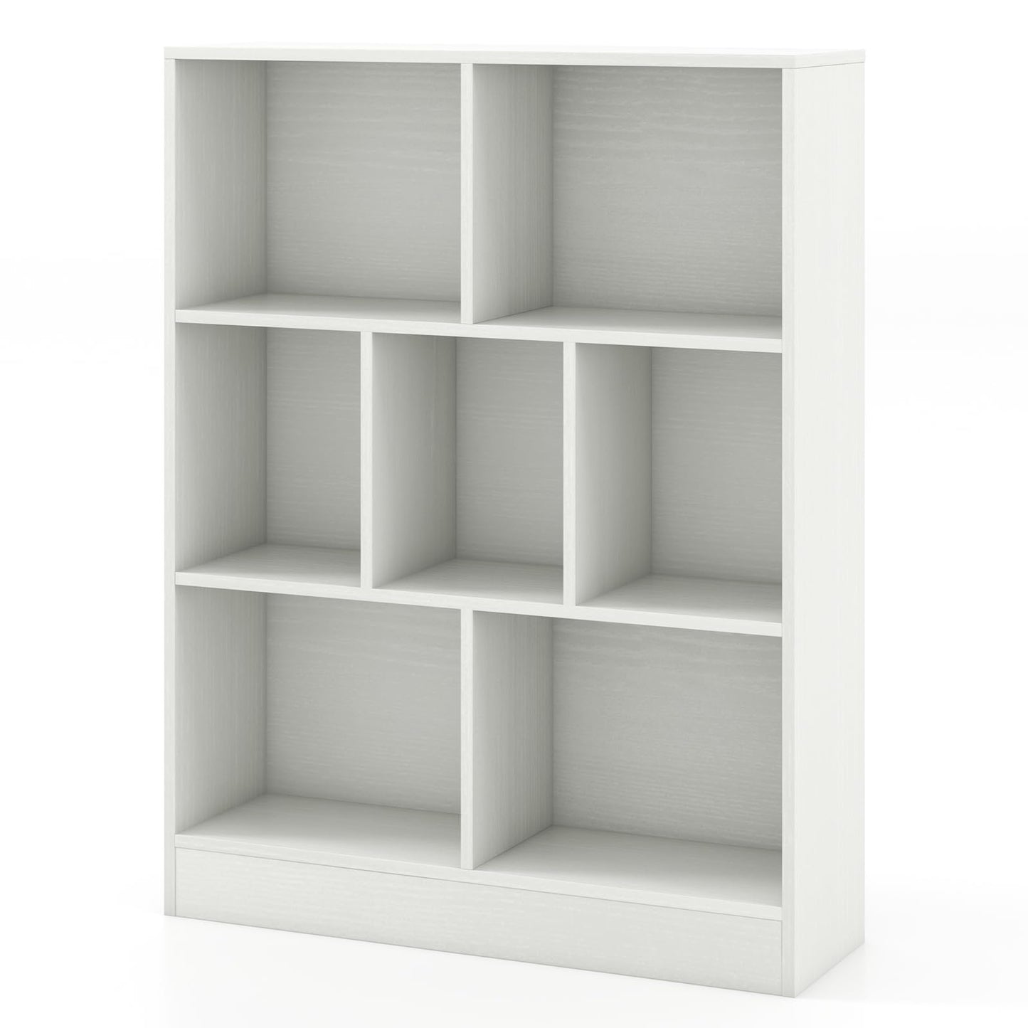 Costzon 7-Cube Bookshelf for Kids, Wooden Toy Storage Organizer w/ 2 Anti-Toppling Kits, 3 Tier Open Shelves & Non-Slip Foot Pads, Montessori Toy Shelf for Kids Rooms, Playroom, Classroom, Nursery