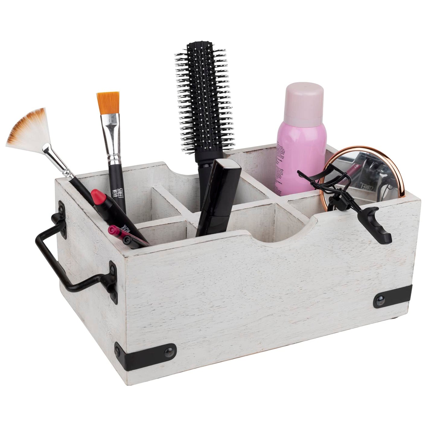 GoCraft 6-Compartment Wooden Flatware Caddy – Versatile Organizer for Kitchen Utensils, Silverware, Condiments, Craft Supplies, Makeup Brushes – Whitewashed Mango Wood with Sturdy Metal Handles