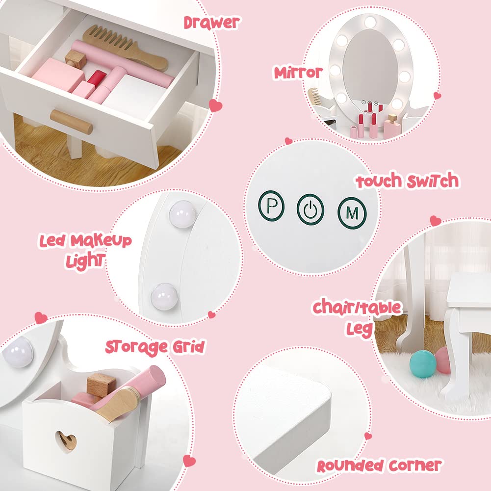 Garvee Kids Vanity Set, Pretend Play Girls Vanity Table and Chair Set with Lighted Mirror, Stool, and Wood Makeup Playset, White