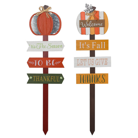 DEWBIN Thanksgiving Decoration, Outdoor Fall Decorations for Home, 35.3" 2 Pack Wooden Garden Stakes with Pumpkin Welcome Sign for Fall Decor, Decorative Yard Sign for Outside, Garden, Patio, Porch