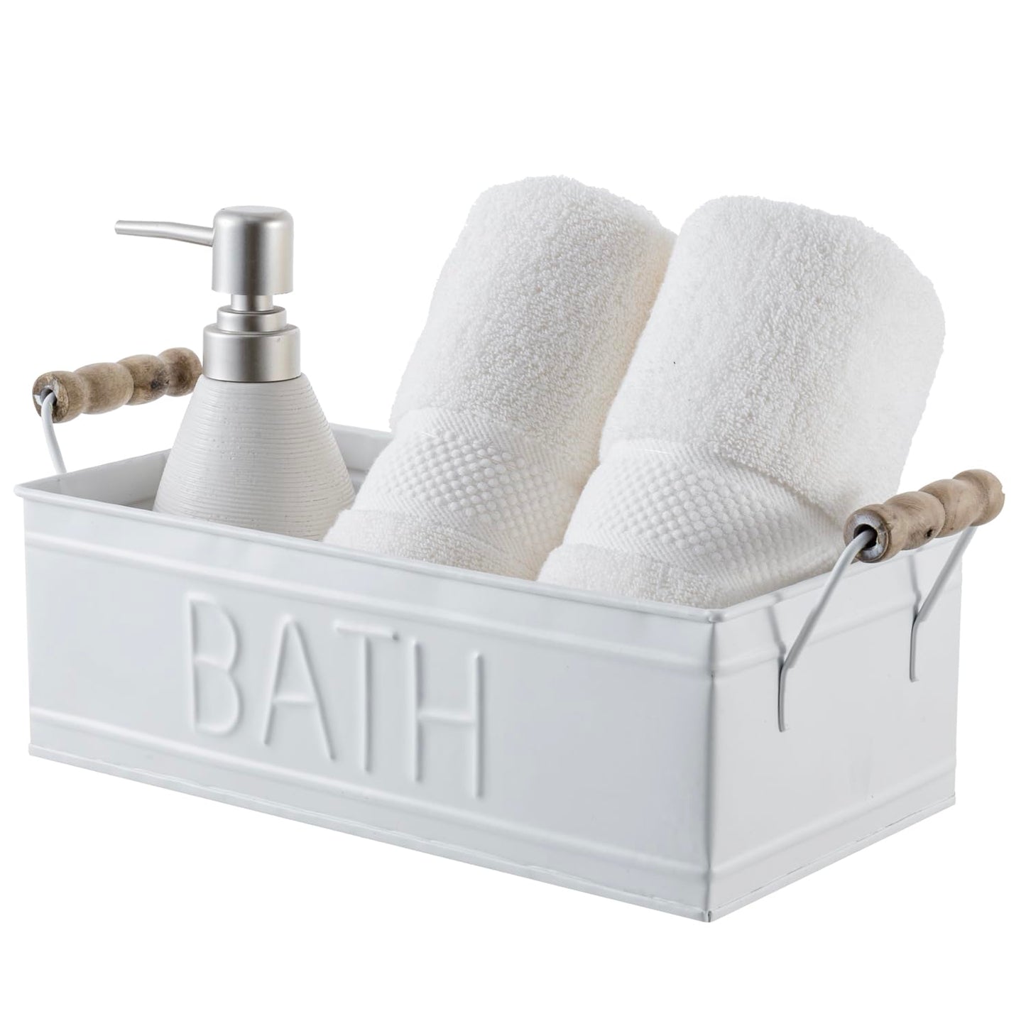 MyGift Vintage Bronze Metal Rectangular Storage Basket with Wooden Handles, Bathroom Toiletries Holder, Organizer Bin with Embossed Bath Label - Handcrafted in India (White)