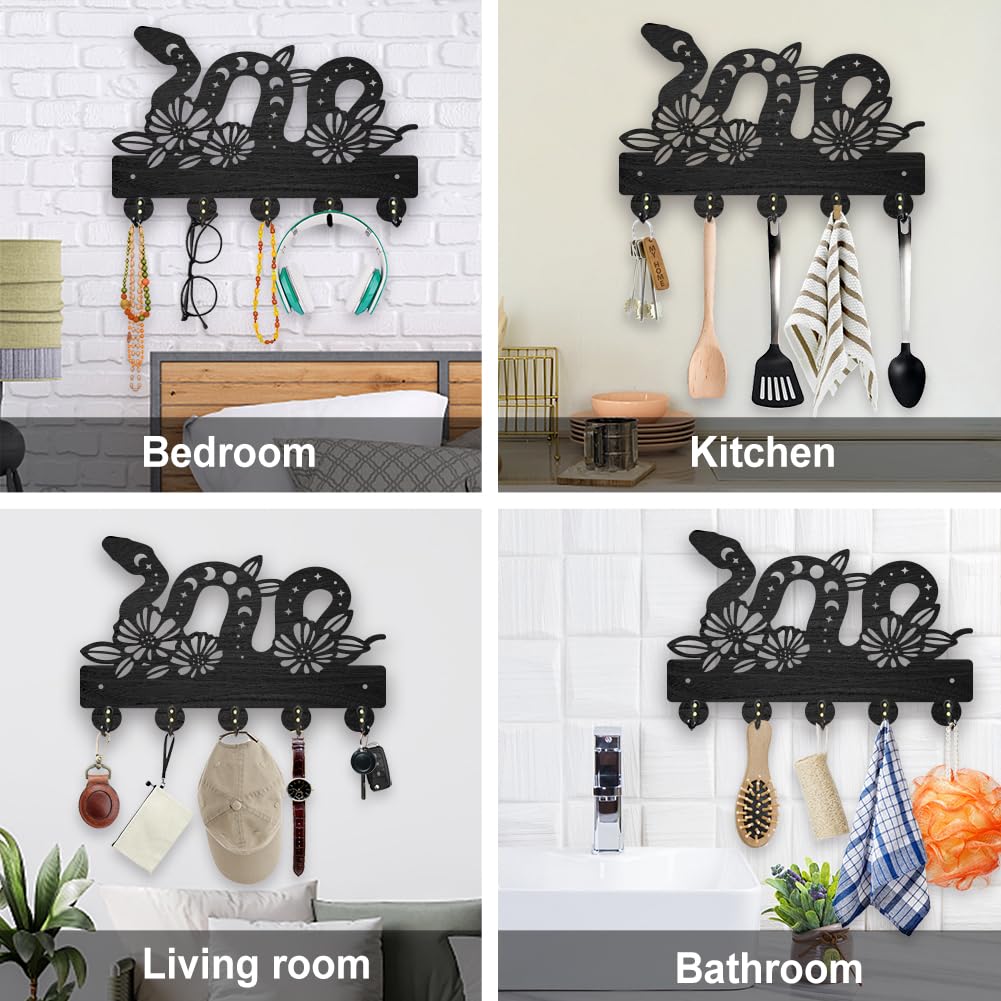 MAYJOYDIY Wooden Snake Moon Phase Key Holder for Wall 11.8x7.8inch Flower Snake Animal Key Rack Magic Animal Key Hanger 5 Alloy Hooks for Entryway Front Door Hallway Wall Art Decoration