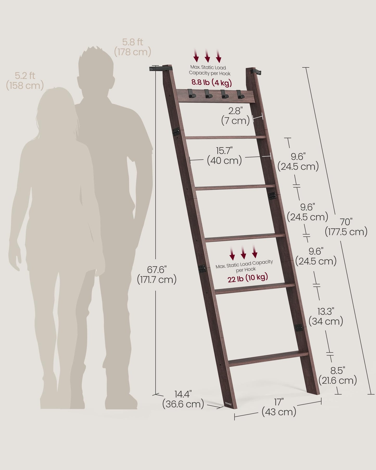 VASAGLE CUSTOS Collection - Blanket Ladder Shelf, 6-Tier Ladder Rack for Storage and Decor with 4 Removable Hooks, Decorative Farmhouse for the Living Room, Maroon Brown ULLS038K01