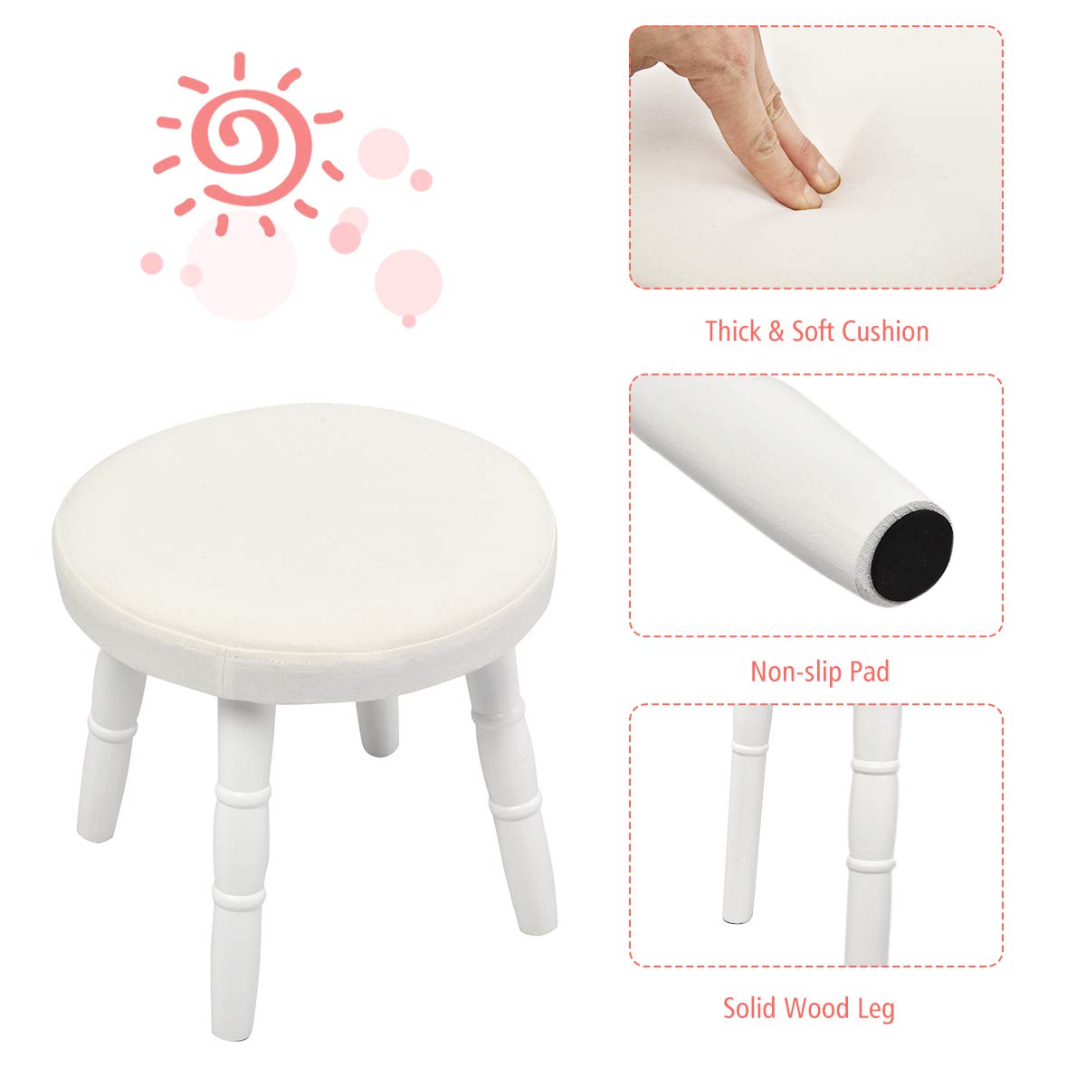 GOFLAME Kids Vanity Set, Princess Dressing Table Set, Wooden Dresser, Little Girls Makeup Table and Stool Set, Pretend Beauty Play Set with Real Mirror, Pull-Out Drawer and Cushioned Stool (White)