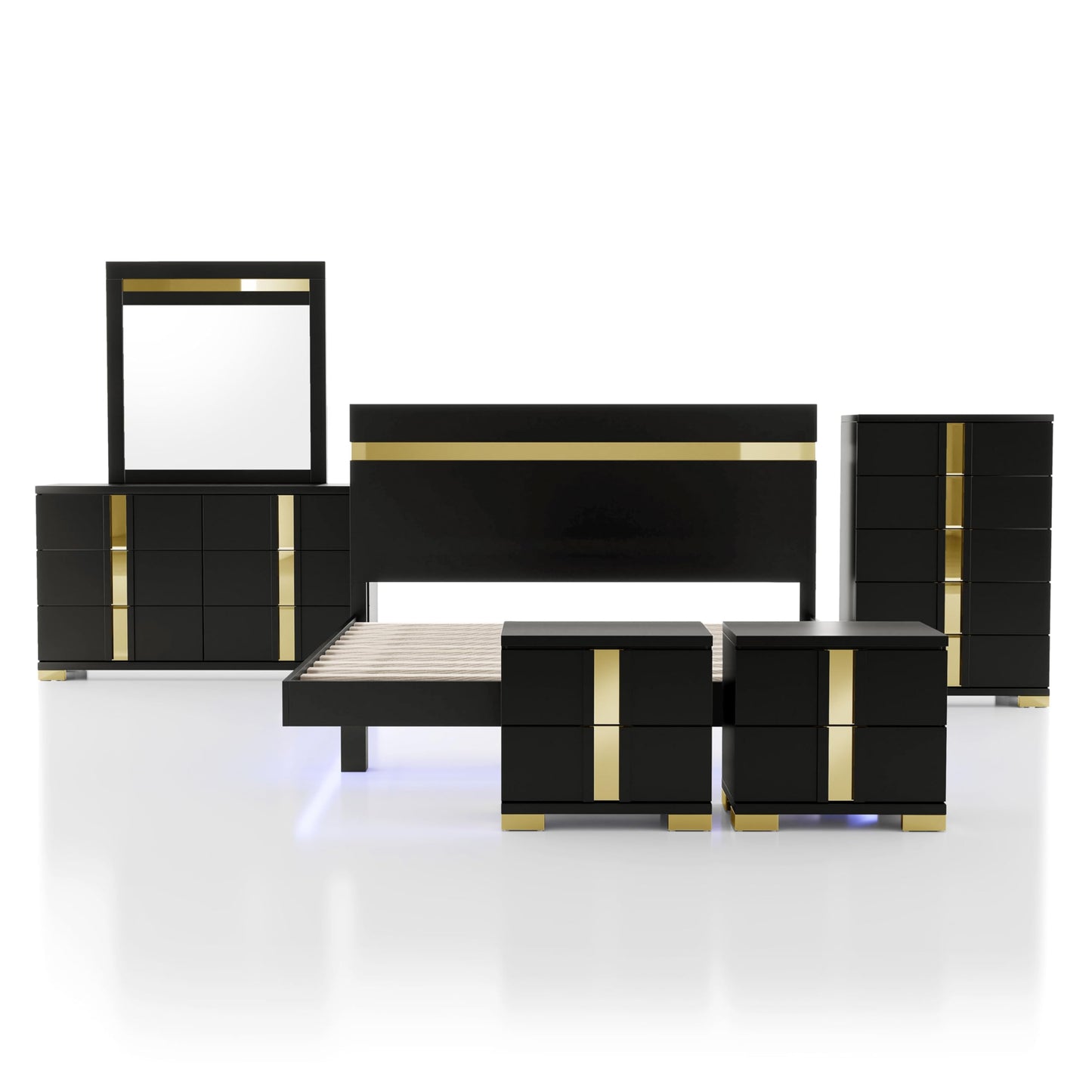 Furniture of America Ansten Modern Wood 6-Piece Platform Bedroom Set with Gold Trim, Underbed LED, Dust Proof Cases, Bracketed Metal Legs, No Box Spring Needed, King, Black