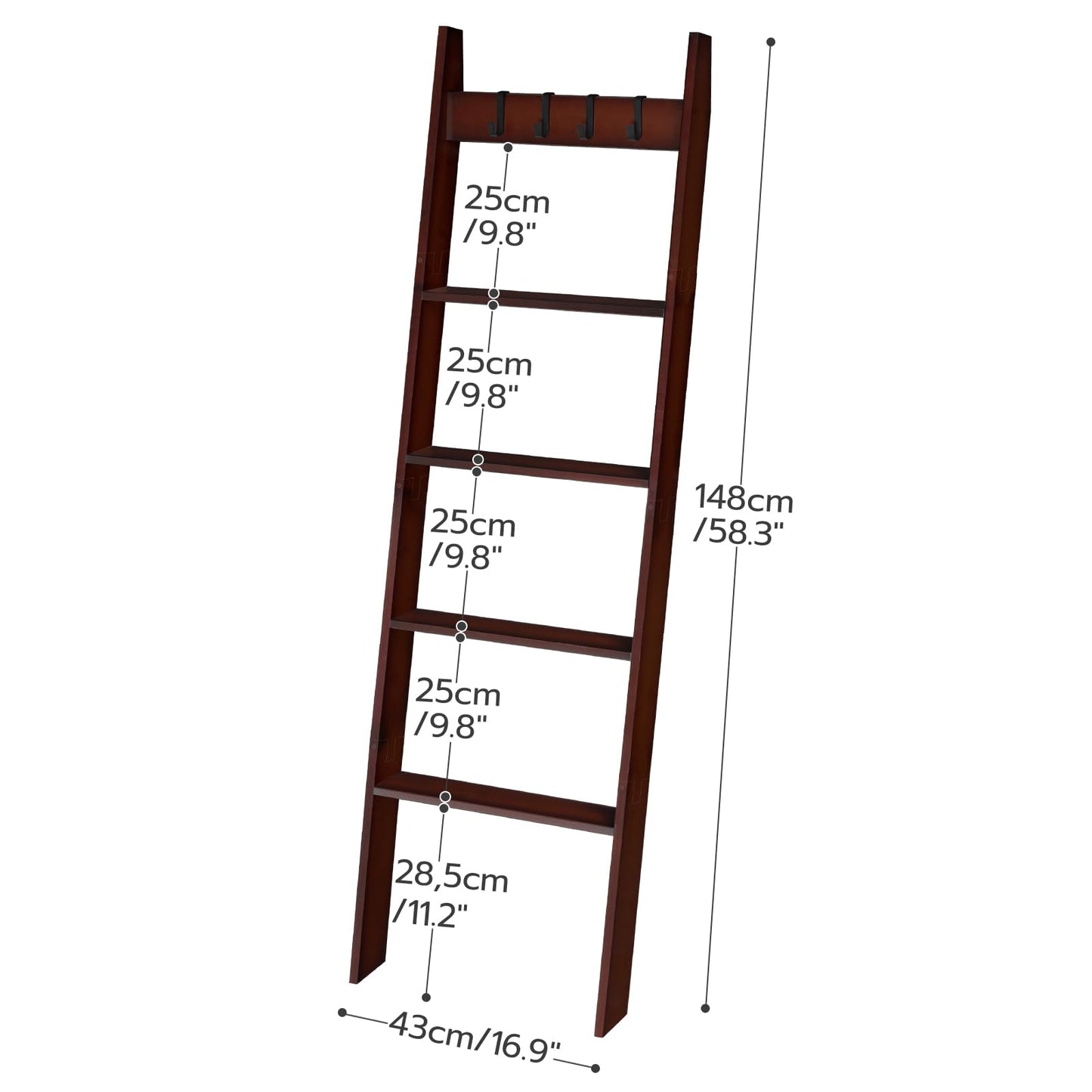 HOOBRO Blanket Ladder for Living Room and Bedroom, 5-Tier Wall Leaning Towel Rack for Bathroom, Decorative Ladder Shelf with 4 Removable Hooks, Farmhouse Blanket Storage, Brown BR51CJ01G1
