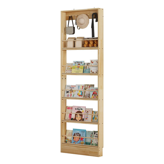 Chyanmoo Wooden Wall Mounted Bookshelf, 5 Tier Storage Shelf with Anti Tip Device, Space Saving Organizer with Built in Hooks and Raised Edges for Living Room Bedroom Home Office