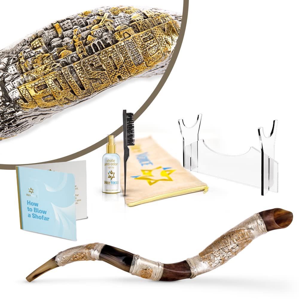 Holy Voice Sterling Silver-Plated 43"-47" Decorative Jerusalem Shofar Horn from Israel Judaica Gift Set with Stand, Carrying Bag, Brush, Made in Israel