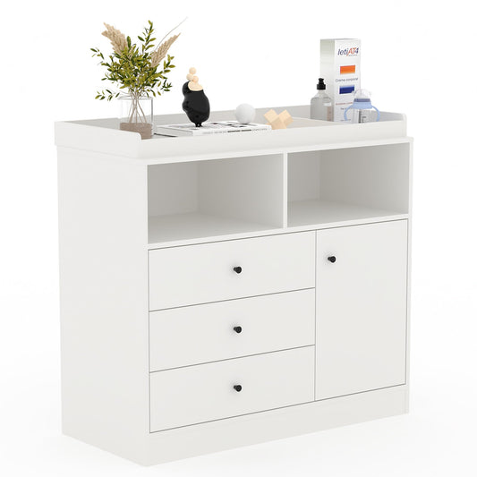 Baby Changing Table Dresser, Wooden Diaper Changing Station with 2 Open Shelves, 3 Drawers, and 1 Cabinet, Modern Baby Dressers for Nursery, Bedroom, Kids Room, White