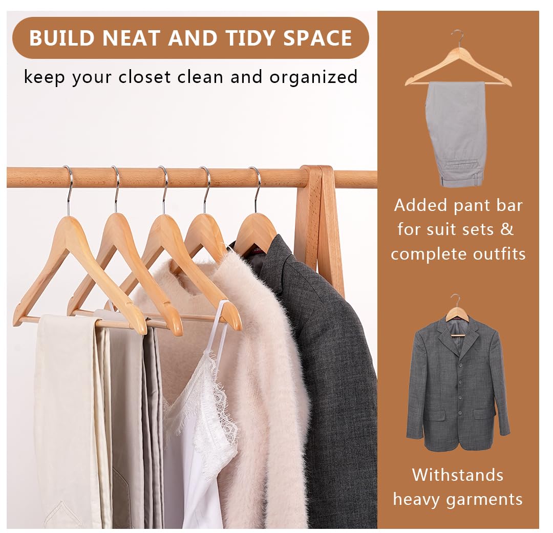 Wooden Hangers 30 Pack, Non-Slip Wood Hanger with 360°Swivel Hook & Notches, Durable & Slim Coat Hangers for Shirt, Suit, Jacket, Dress, Natural-HL01N3