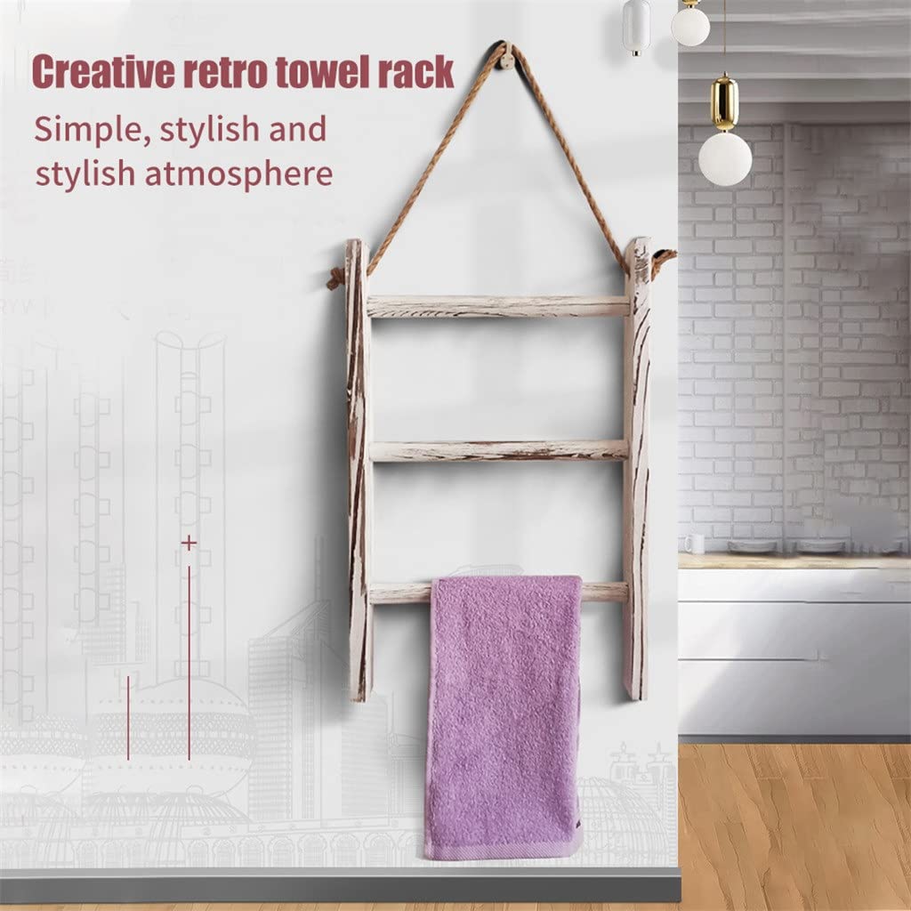 ZXYLZL 3 Tiers Blankets Wooden Towel Rack Wall Hanging Bathroom Mini with Rope Retro Living Room Storage Ladder Home Decor