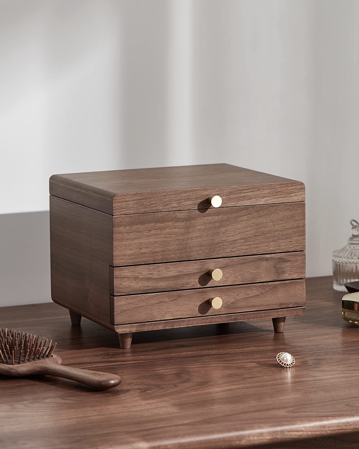 CHOSIN Wooden Jewelry Box, 3 Layer Large Jewelry Organizer for Women, Black Walnut Wood, Jewelry Storage for Necklaces Rings Earring Watches Bracelets, Fathers Day Gift (No Mirror)