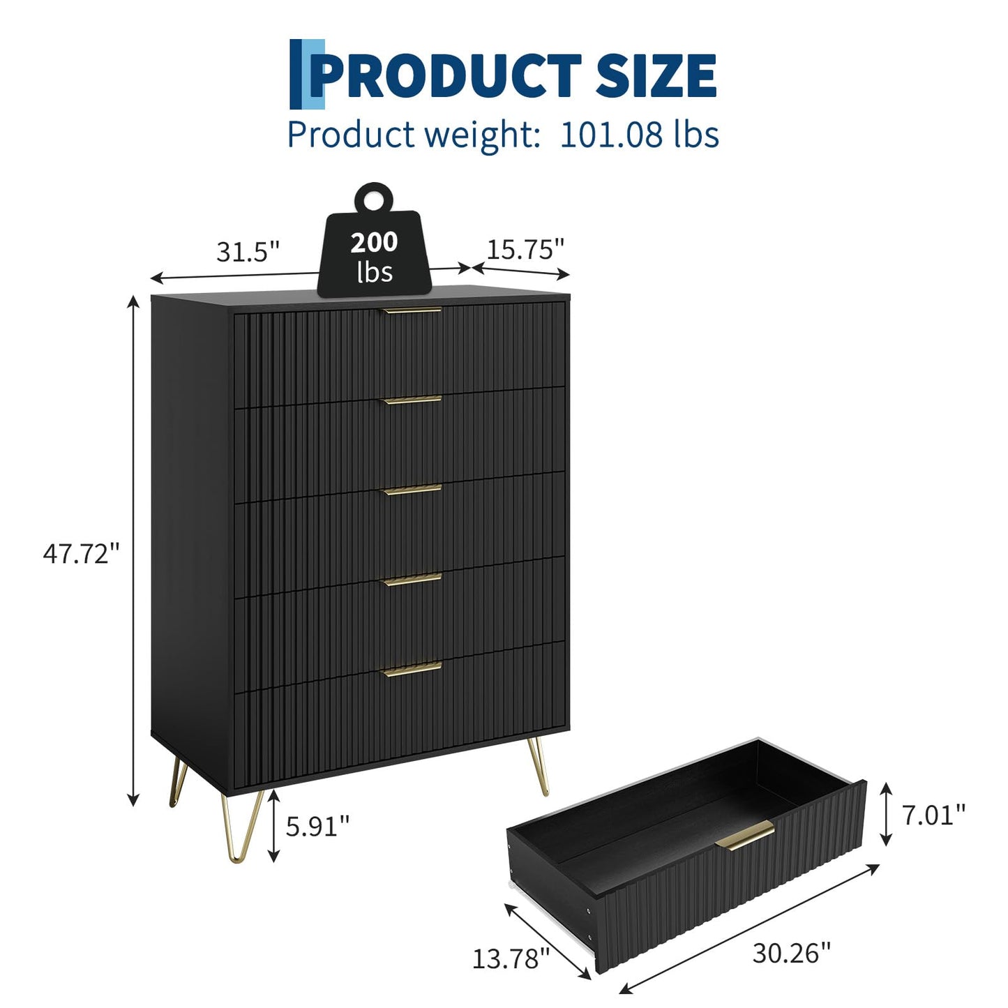 GarveeHome Fluted Dresser for Bedroom with 5 Drawers,32" Wide Modern Chest of Wooden Bedroom Chest with Metal Handle,Clothes Storage Organizer,Dresser & TV Stand for Living Room,Black