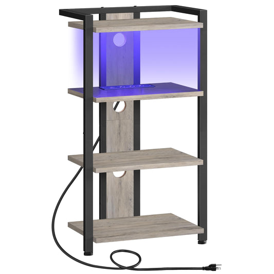 HOOBRO 4-Tier AV Media Stand, Media Console with Charging Station and LED Light, Wooden Stereo Cabinet, Corner TV Stand, Record Player, Entertainment Device Stand, BG38UDCJ01