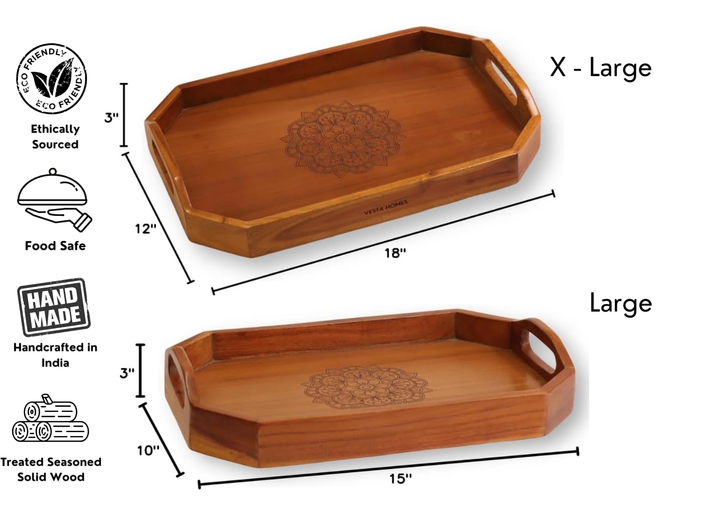 Vesta Homes Set of 2 Zak Acacia Wood Rectangular Serving Tray for Home/Kitchen/Restaurant/Office Organizer/Dining Table|Premium Wooden Trays|48 X 33 ; 40 x 27 cm | Handcrafted in India