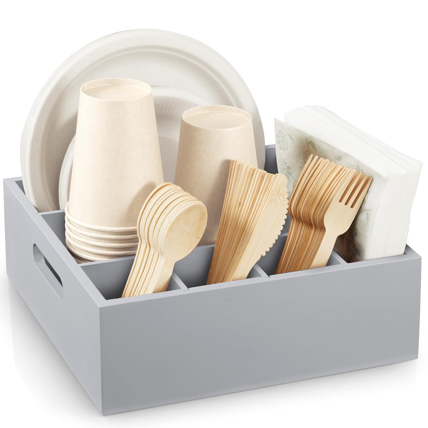 GCWSTJK Wood Utensil Holder for Party, 6-Compartment Paper Plate Organizer with Handles, Wooden Silverware Caddy for Picnic, Camping, BBQ, Buffet, and Kitchen Countertop Organization, Gray