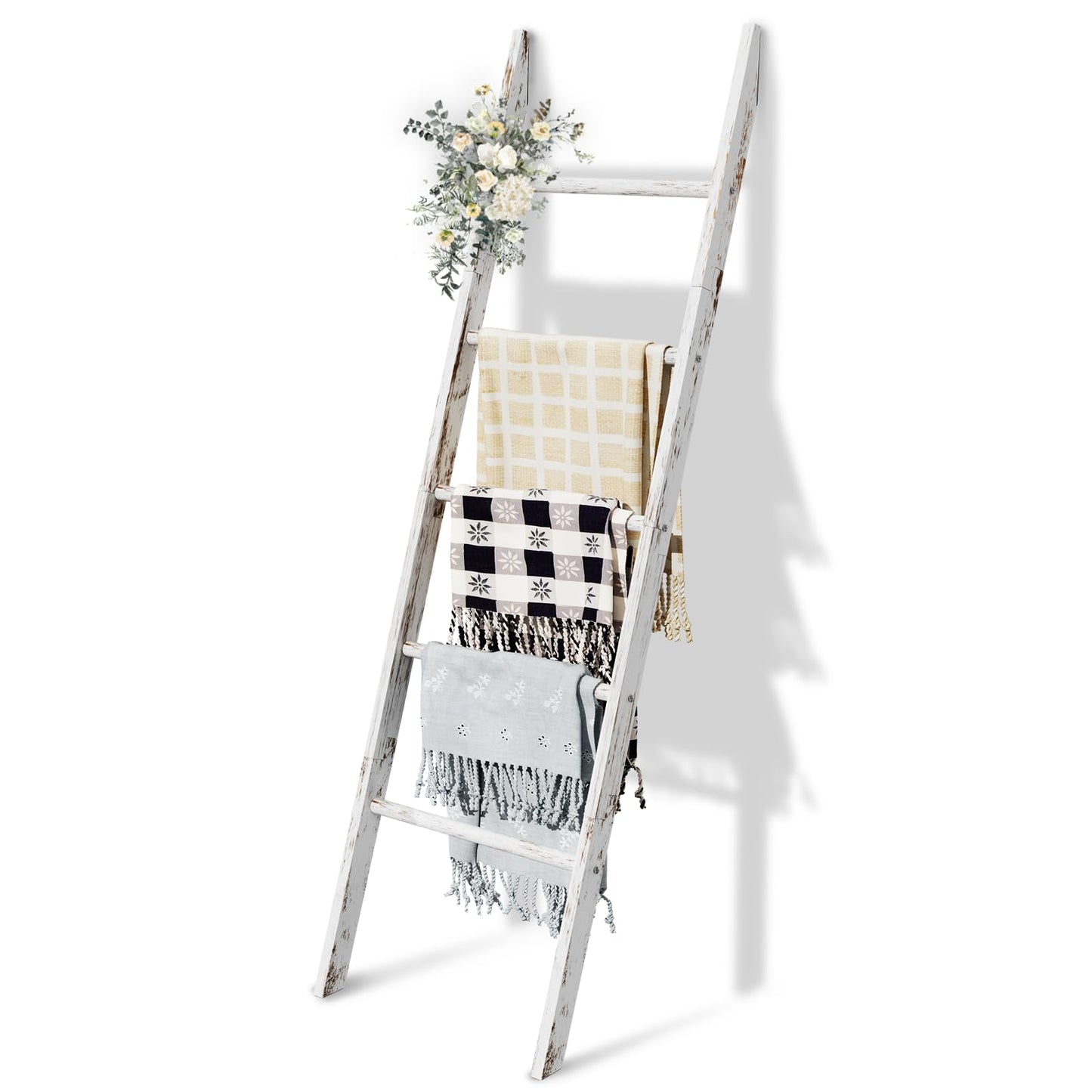 5-Tier Blanket Ladder Wooden, 5.3FT(63'') Blanket Quilt Holder Rack Decorative Ladders, Easy Assembly, Rustic Farmhouse Ladder Shelf for The Living Room Bedroom Bathroom Home Decor, White Wash