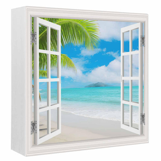 Blue Sky Beach Wood Box Sign Desk Decor, Coconut Trees Island Windows View Decorative Wooden Block Box Sign Decorations for Home Office Shelf Table Decor 6x6 Inches
