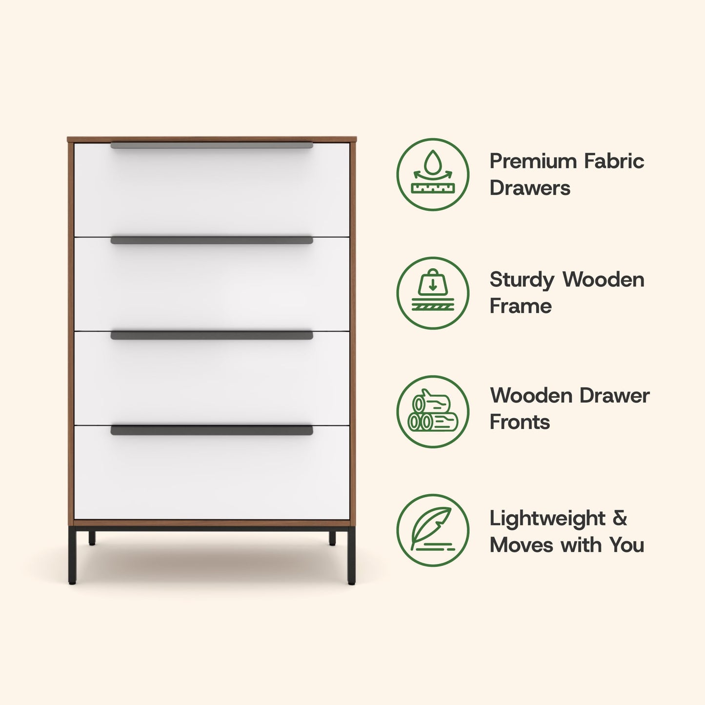 tinge Lira Premium 4 Drawer Fabric Dresser - Engineered Wood Frame Chest of Drawers for Bedroom - Strong & Sag-Proof Clothing Organizer with Sleek Metal Handles (Dark Brown)