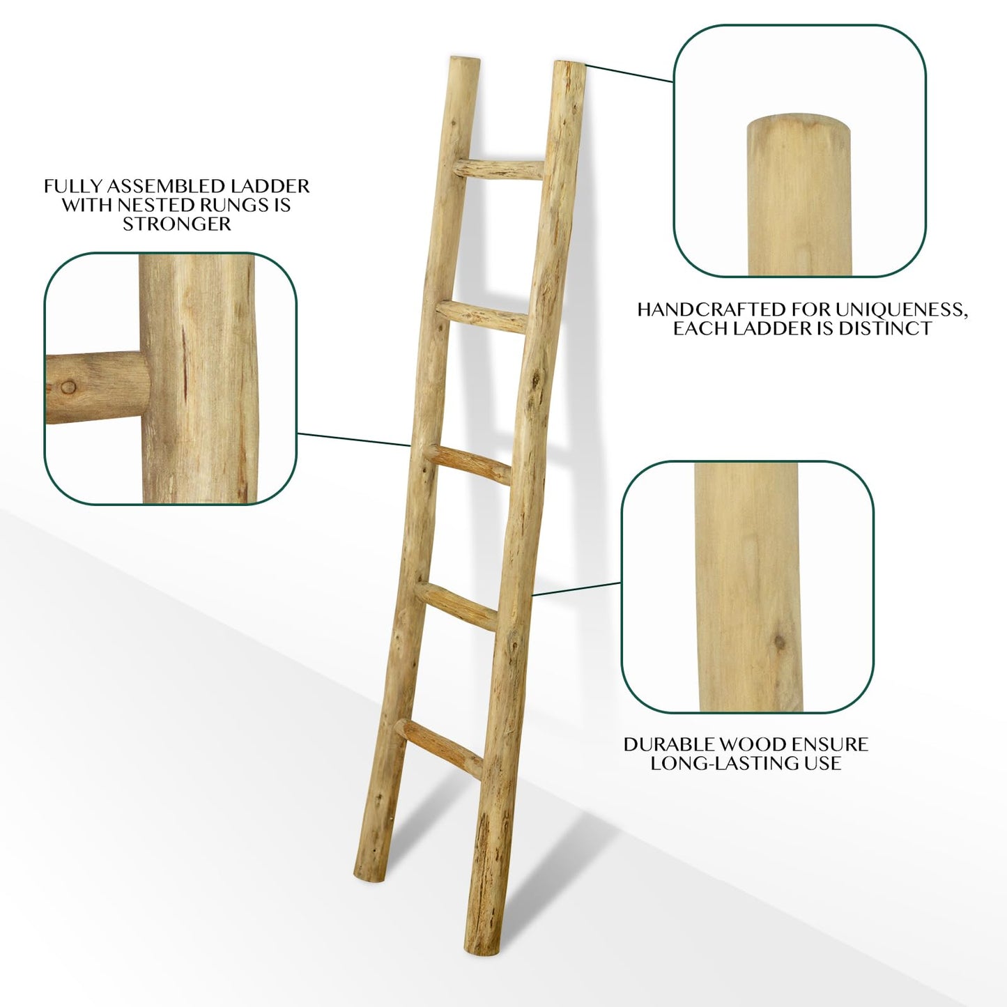 BOMINGHOME Fully Assembled Wood Ladder for Blankets, 5-Layer Structure Towel Rack, Farmhouse Style, Durable and Convenient Throw Blanket Ladder, Living Room Decoration