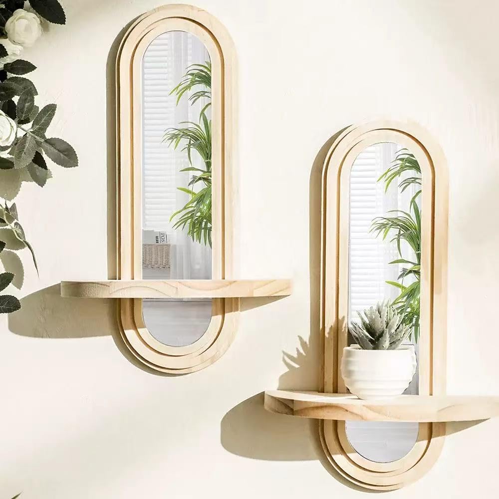 WUTAOBON Wooden Wall Floating Shelves, 2PC Boho Arched Wall Shelf,Decorative Mounted Display Shelf with Acrylic Frameless Mirror, Nature Wood Shelves for Home Holding Planter Decoration