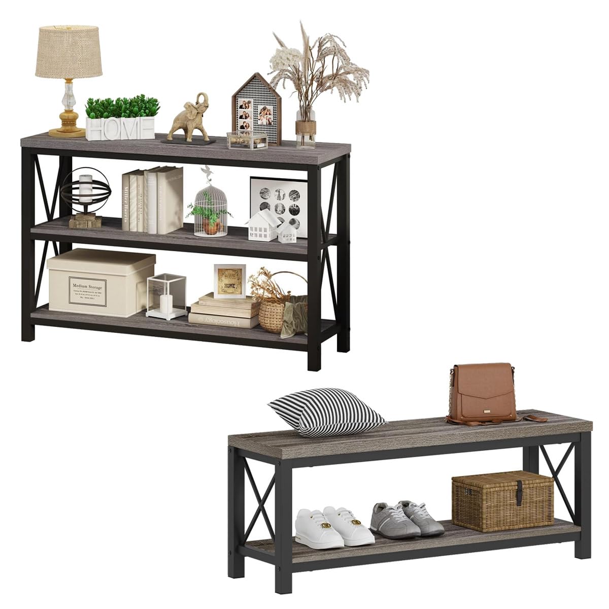 BON AUGURE Gray 3-Tier Console Table with Storage Shelves and Matching Entryway Bench for Hallway, Living Room or Foyer (Dark Grey Oak)
