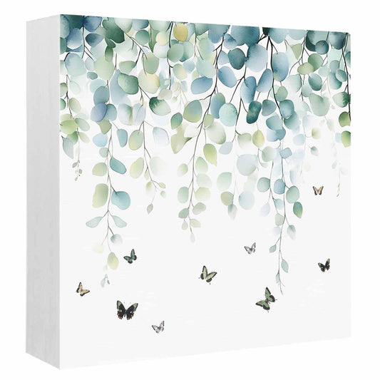 Wood Box Sign Desk Decor Sage Green Eucalyptus Leaves Butterfly Square Boxes Sign, Botanical Wooden Block Box Sign Decoration for Home Wall Tabletop Shelf Office Decor,6x6IN
