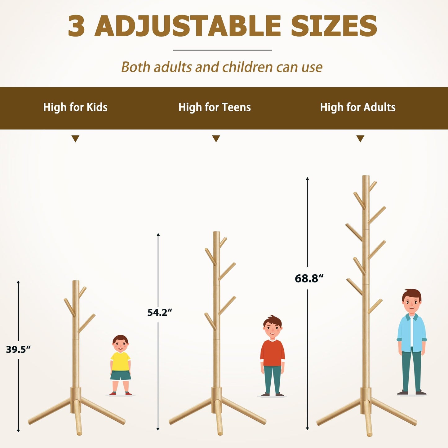 Azaeahom Coat Rack, Coat Racks Freestanding with 8 Hooks 3 Adjustable Heights for Clothes, Hats, Handbags, Coat Tree Easy Assembly for Entryway, Bedroom, Hallway, Office(Nature 2PCS)