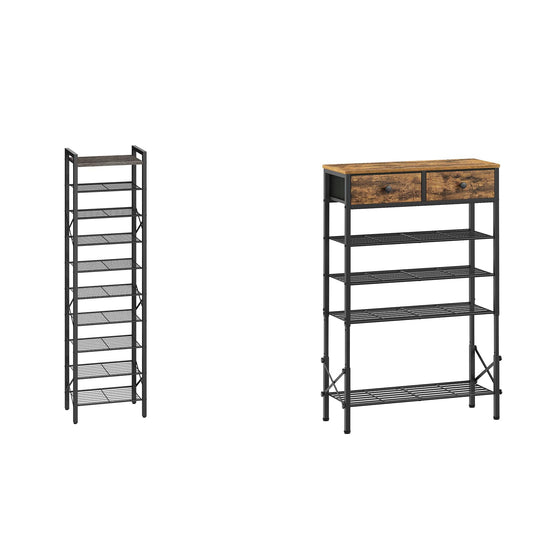 YATINEY 10-Tier Narrow Shoe Rack, Tall Shoe Rack for 10-20 Pairs, Shoe Storage Shelf with 2 Non-Woven Drawers, SS68BC-SS11BR