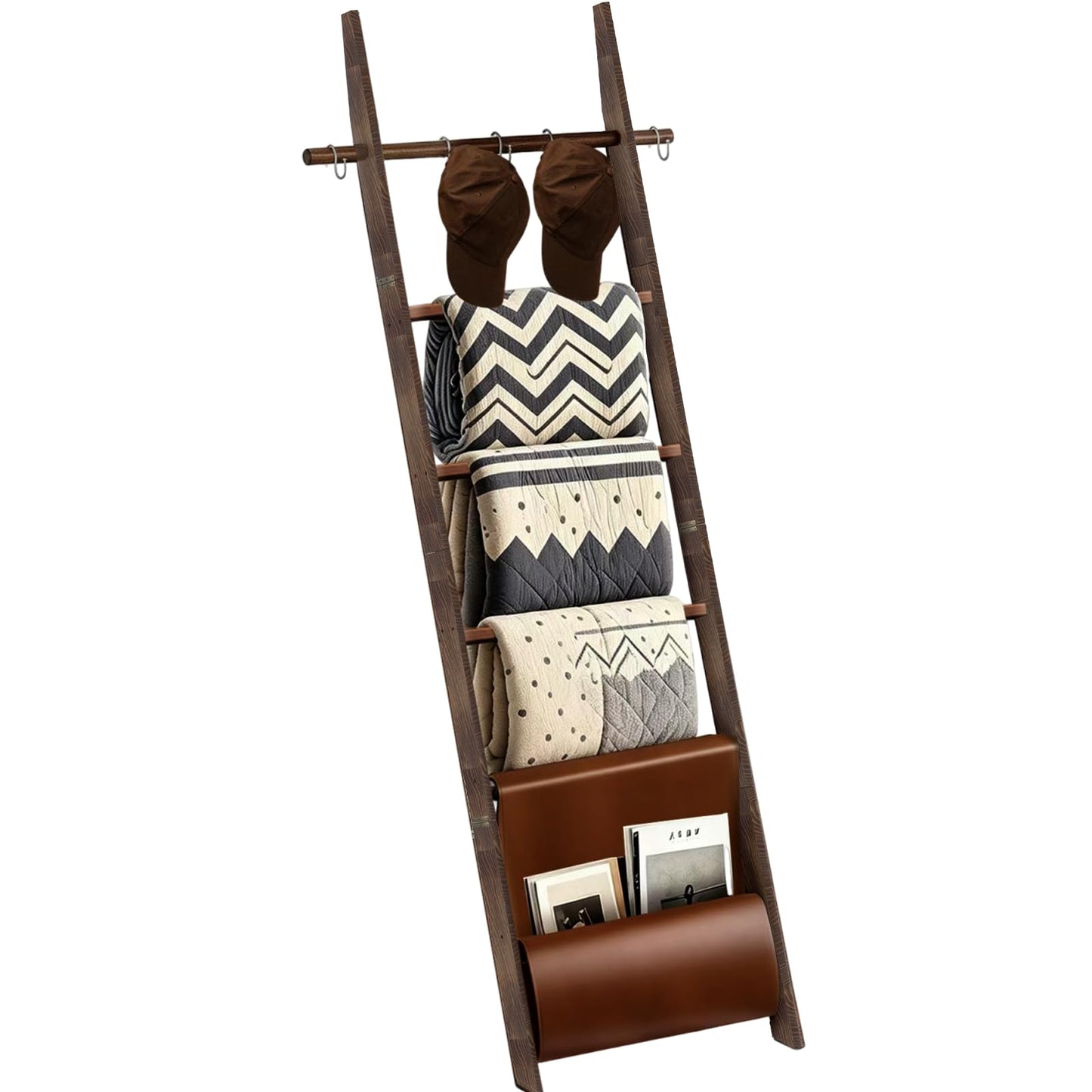chilinii Wooden Blanket Ladder 6-Tier Farmhouse Rustic Blanket Holder with Synthetic Leather Bag, Decorative Stand with Removable Hooks Quilt Towel Rack for Home Living Room Bedroom Decor Brown