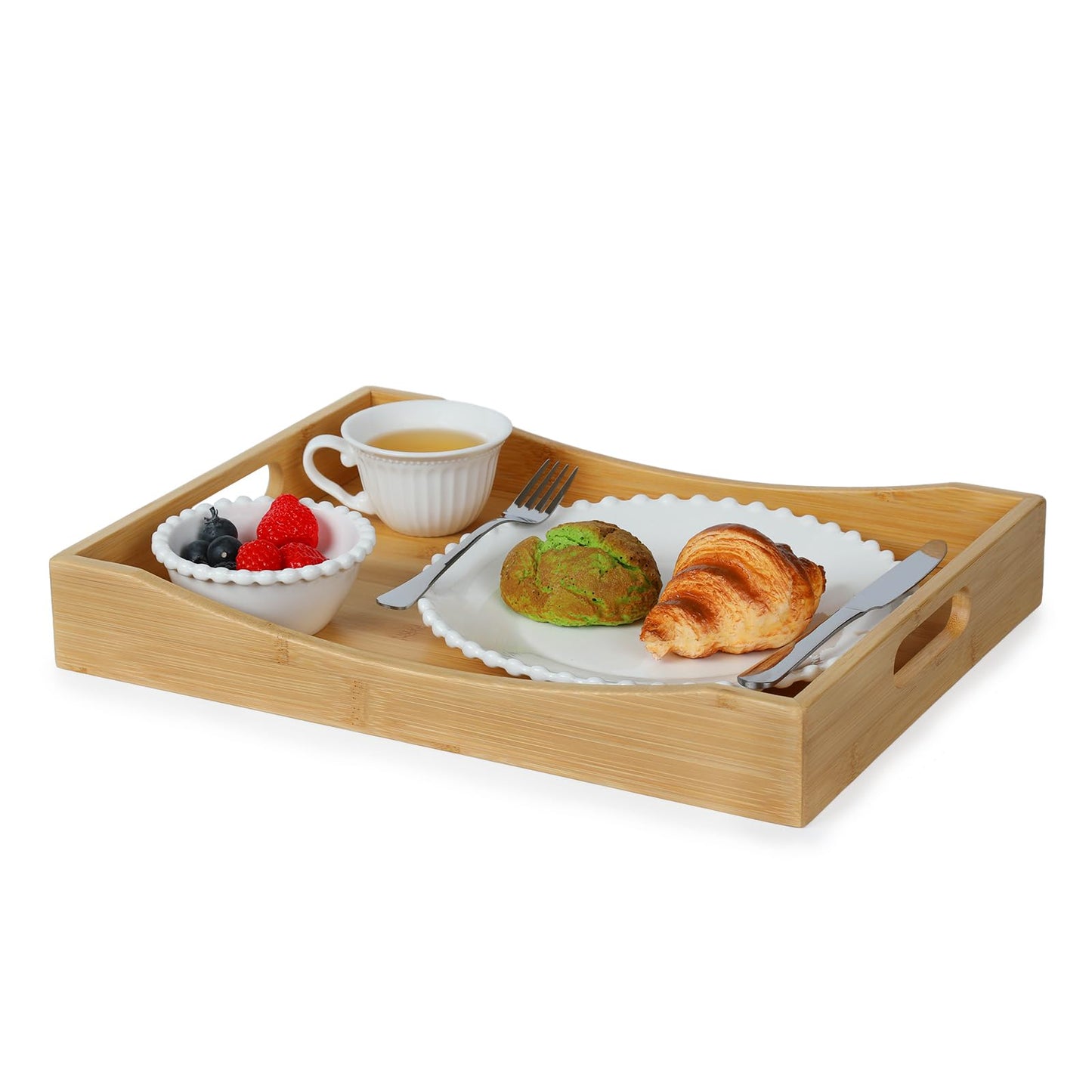 Gobam Bamboo Serving Tray with Handles (16.5-Inch), Solid Decorative Wood Tray for Ottoman Coffee Table, Natural Rectangle Breakfast in Bed Tray for Eating, Food and Drinks Platter