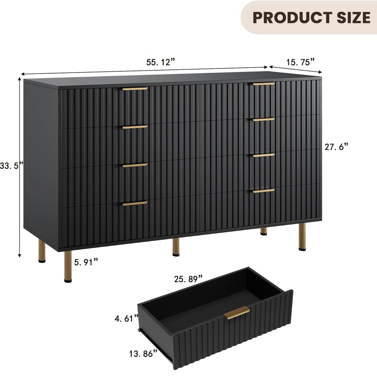 GarveeHome 8 Drawer Dresser for Bedroom, Fluted 55 in Wide Modern Chest of Drawers with Deep Drawers, Wooden Dresser Organizer for Living Room, Hallway, Kids Room, Black