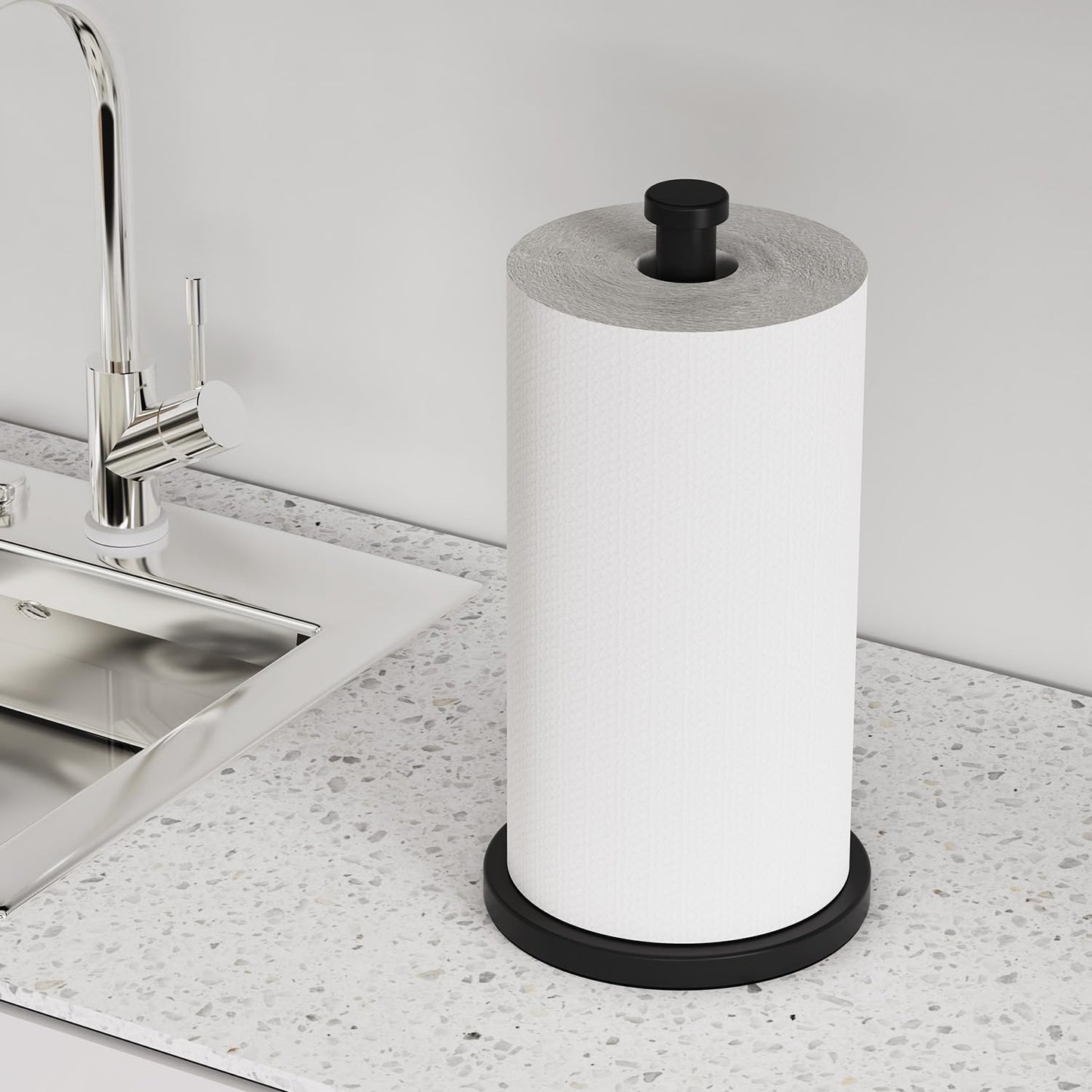 VEHHE Paper Towel Holder Countertop, Weighted Non-Slip Base, Stainless Steel Paper Towel Holder for Kitchen Bathroom (Black)