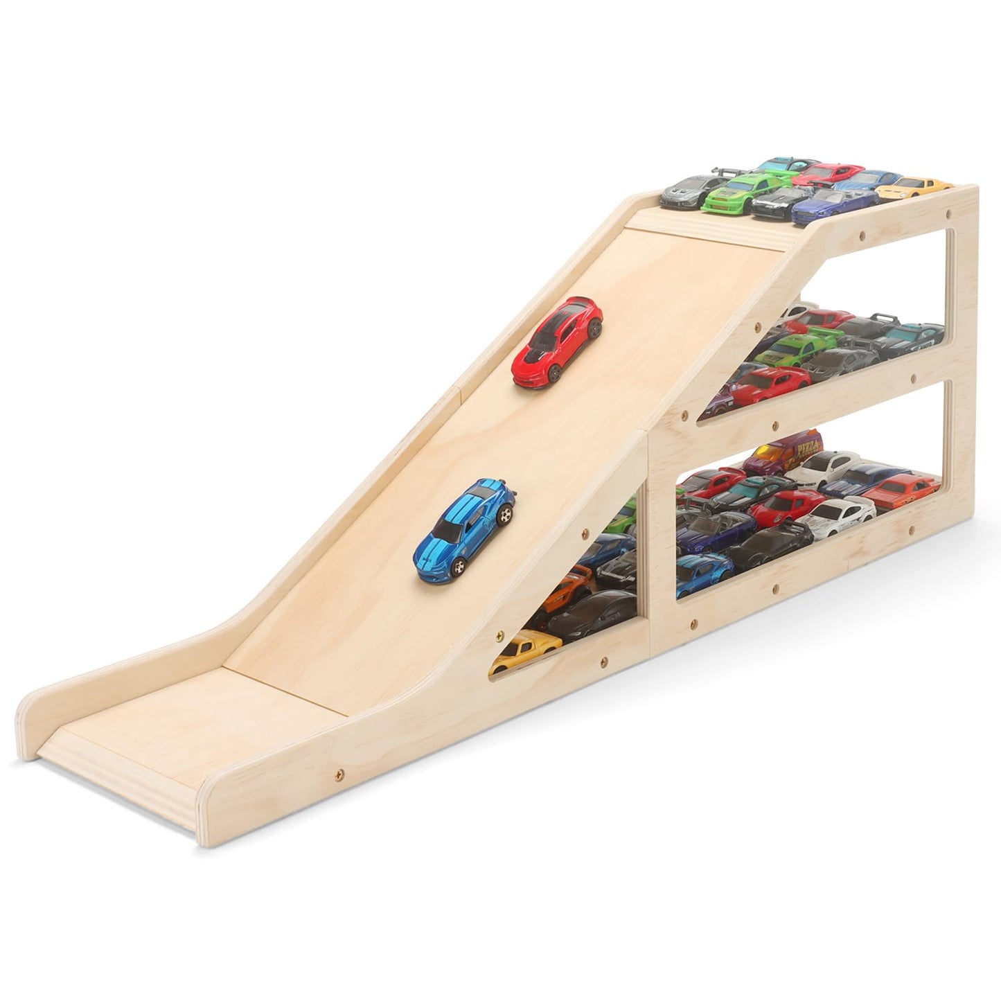 Wooden Toy Car Garage Display Case and Parking Rack with Ramp - 3-Tier Toy Car Storage Shelf Holds 60+ 1/64 Scale Diecast Cars - DIY Paintable Wooden Organizer Compatible with Hot Wheels & Matchbox