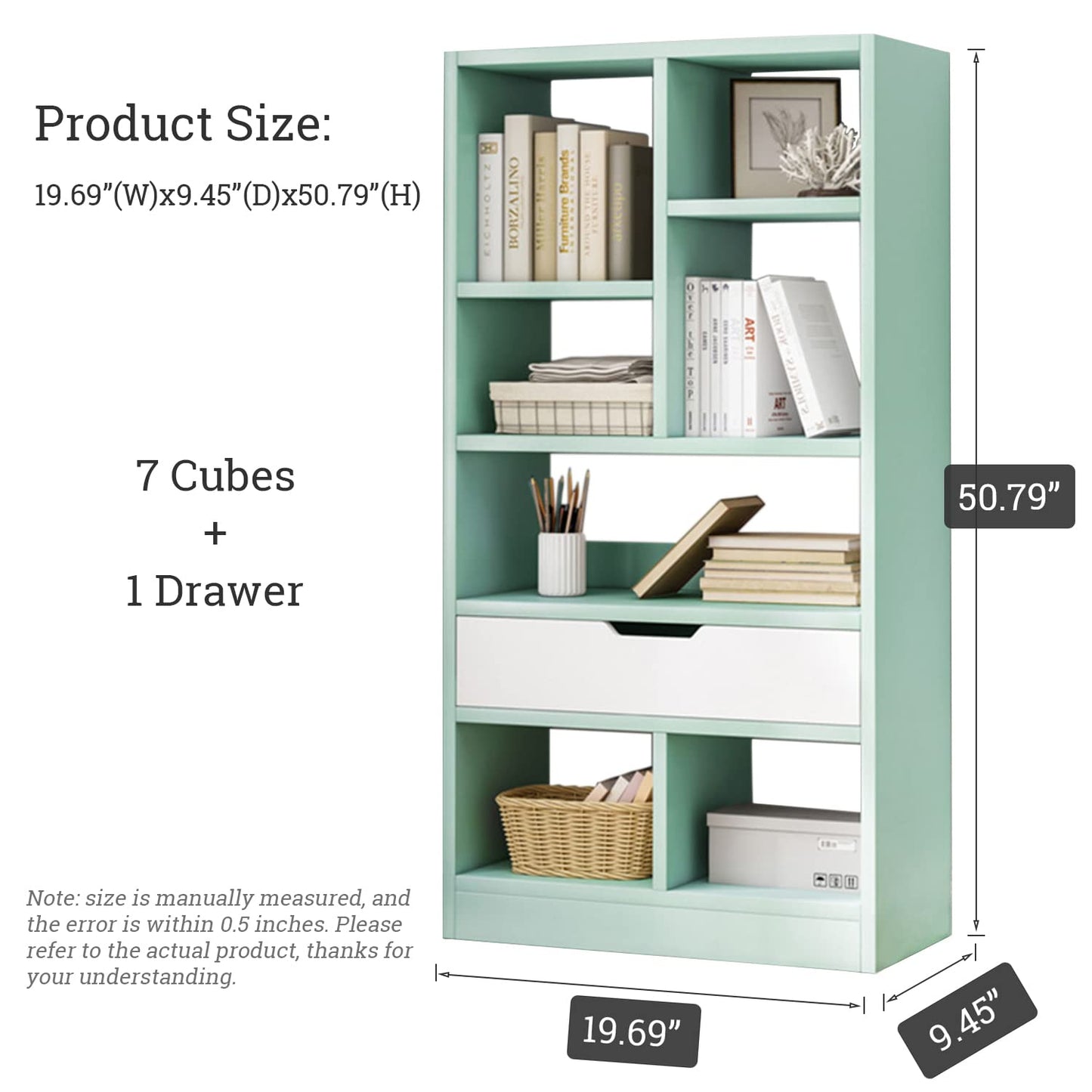 IOTXY Wooden Open Shelf Bookcase - 51 Inches Height Freestanding Display Storage Cabinet Organizer with 7 Cubes and a Drawer, Floor Standing Bookshelf in Tiffany-Green