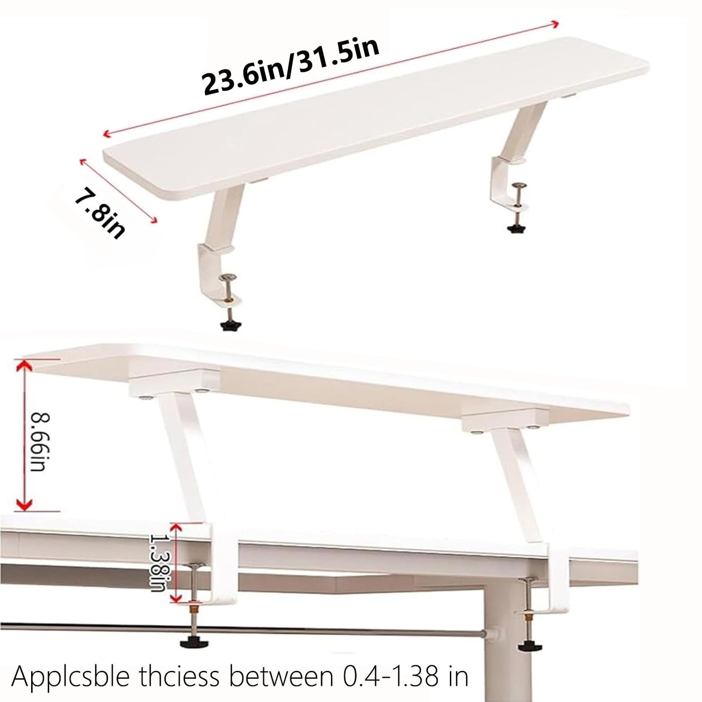 AWSAD Clamp on Desk Shelf, Desktop Extender Storage Organizer Adjustable Floating Desks Shelf for Office, Dorm, Home Desk Organization, White (23.6 x 7.8 in)