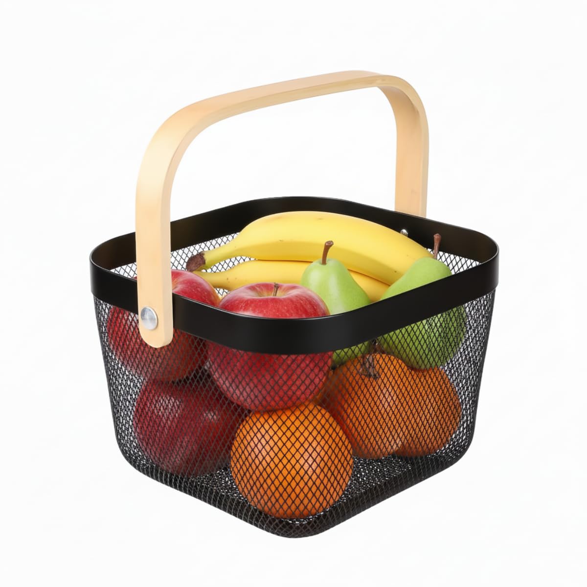 Ymeibe Mesh Steel Storage Organizer Basket Fruit Basket Bin with Wood Handle Ideal for Kitchen Bathroom Picnic Baskets Pantry Cabinets Storage Home Decor (Black)