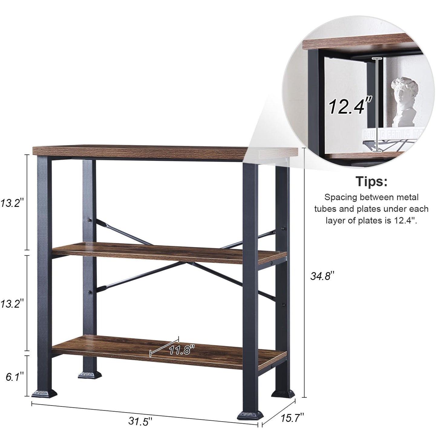 HOMBAZAAR 3 Tier Bookshelf,Rustic Brown Industrial Book Shelf,Engineered Wood and Metal Small Bookcases,Low Shelf Bookcase for Living Room,Office,Bedroom and Kitchen