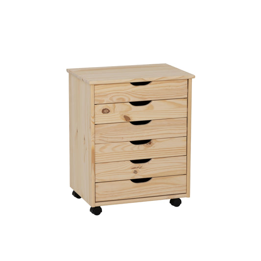 Linon Corinne Unfinished Wide Six Drawer Wooden Rolling Storage Cart